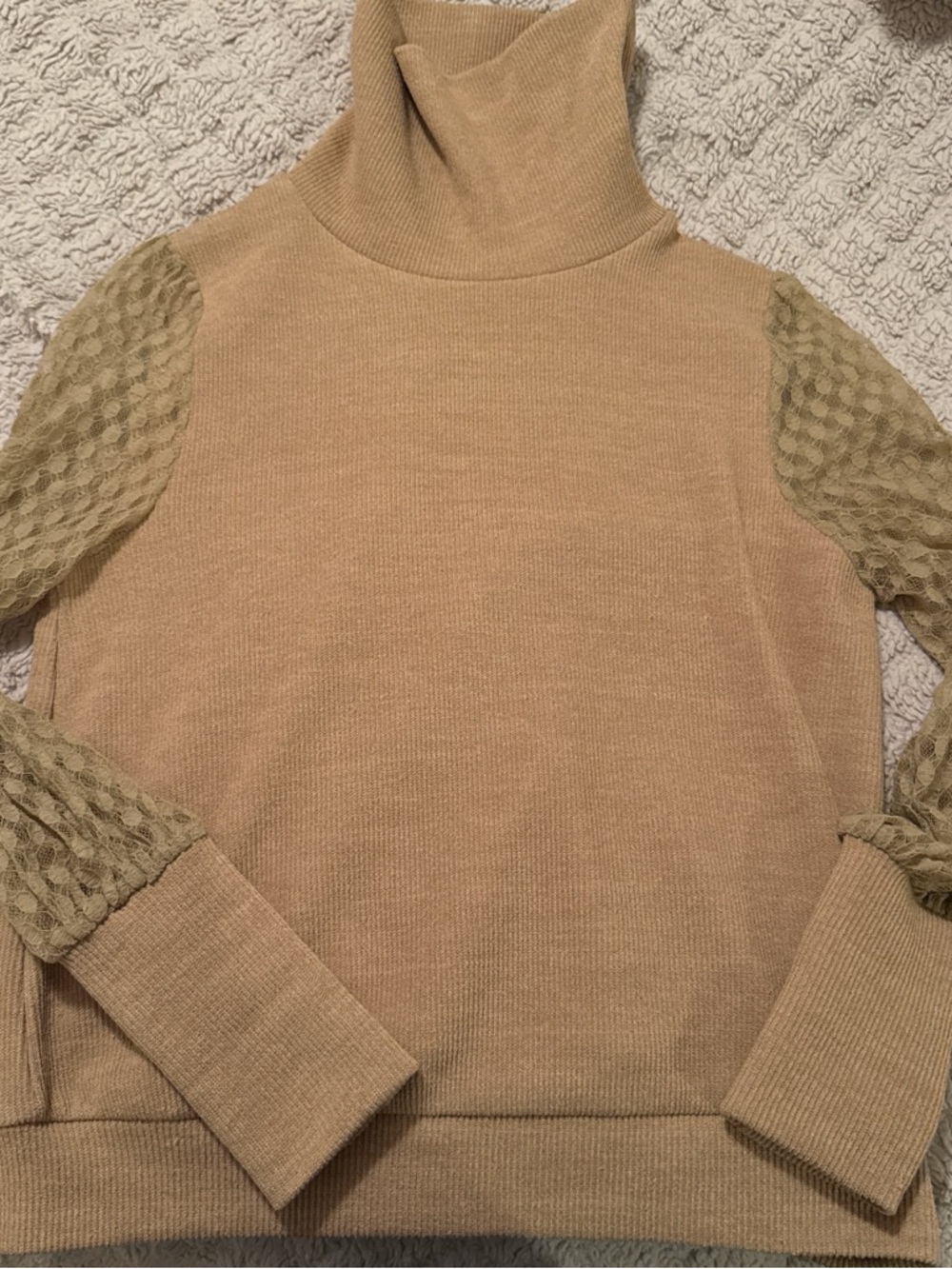 Turtleneck Women’s Sweater in Tan with Sheer Sleeve Detail